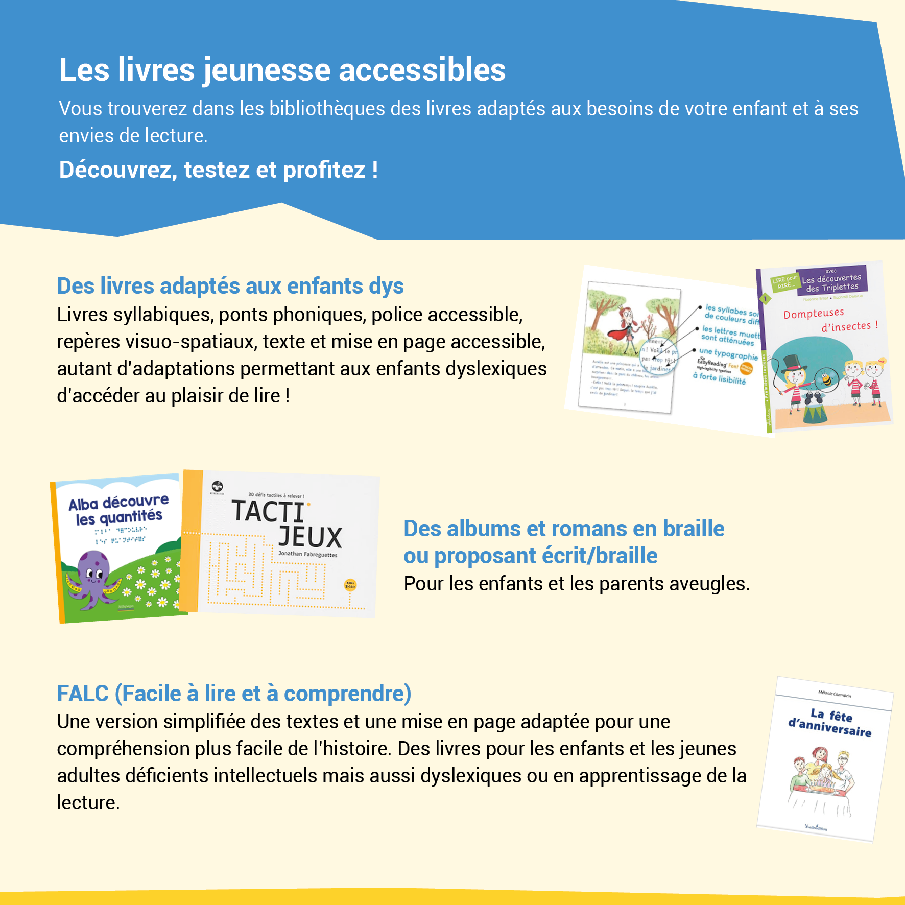 Livres jeunesse accessibles : livres adaptés aux enfants dys, en braille ou en FALC. Découvrez, testez et profitez !
