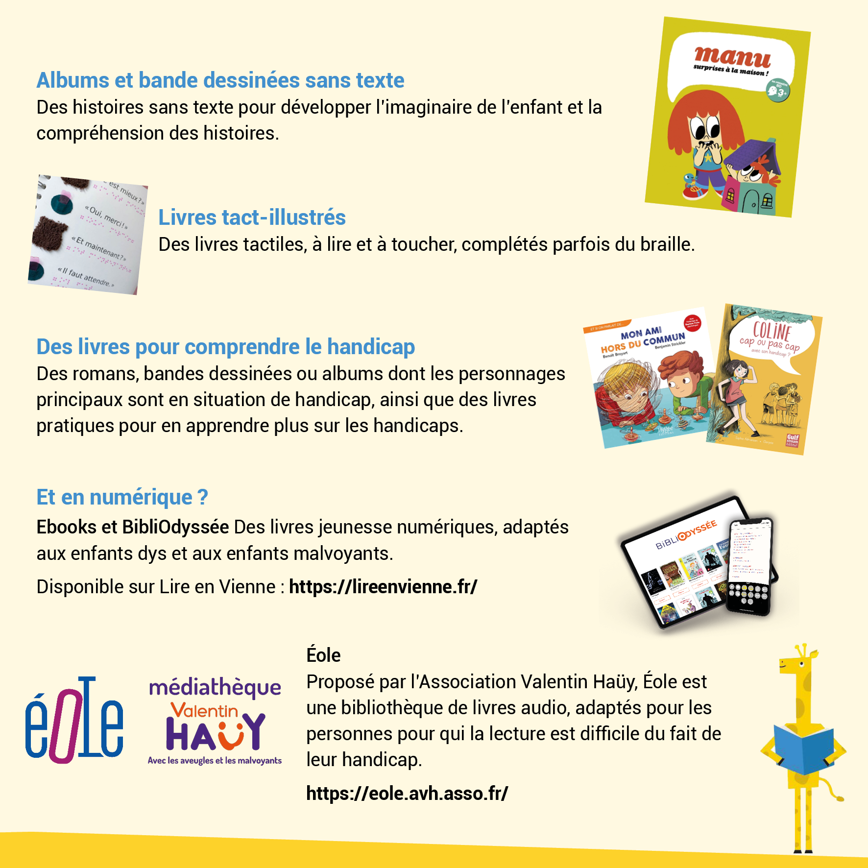 Affiche sur les livres jeunesse sans texte, tactiles, pour comprendre le handicap ou accessibles en numérique, avec liens vers Lire en Vienne et Éole.