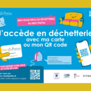 Affiche expliquant l’accès aux déchetteries du Haut-Poitou avec une carte ou un QR code. Informations sur la création de l’espace usager, visuels ludiques et lien vers le site cc-hautpoitou.fr.
