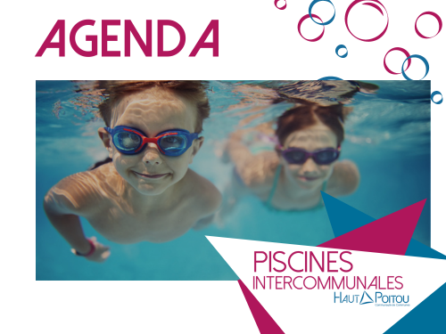 Deux enfants nageant sous l’eau avec des lunettes de piscine. Texte “AGENDA” en haut à gauche et logo des Piscines Intercommunales du Haut-Poitou en bas à droite, accompagné de bulles colorées.