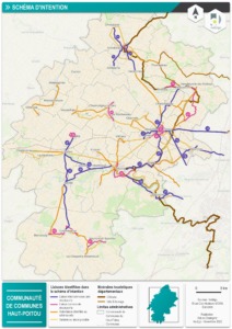 Carte du schéma d’intention cyclable de la Communauté de Communes du Haut-Poitou, présentant les liaisons intercommunautaires, communales et touristiques, avec une légende colorée indiquant les différents types de tracés.