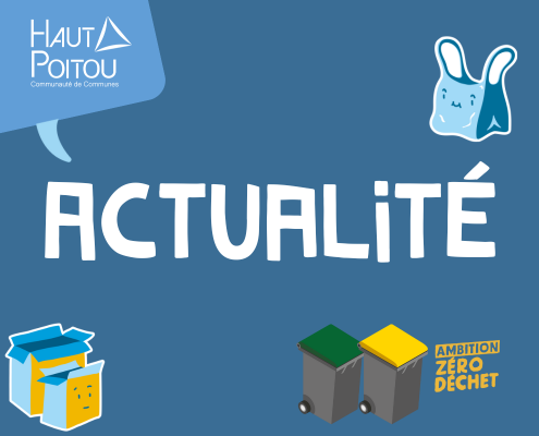 Visuel d’actualité sur le thème « Ambition Zéro Déchet » de la communauté de communes Haut-Poitou, avec des pictogrammes de bacs de tri et de recyclage.