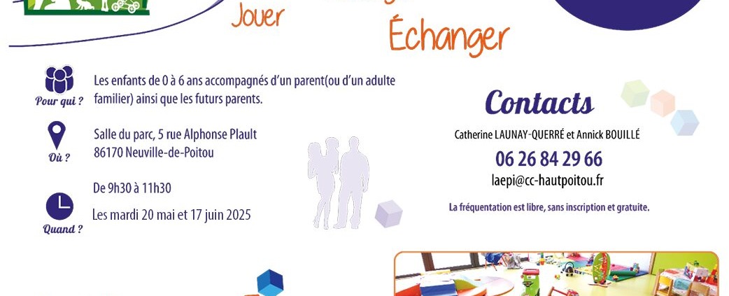 Annonce des prochaines séances de « La Parenthèse », accueil enfants-parents à Neuville-de-Poitou, les 20 mai et 17 juin 2025, de 9h30 à 11h30. Pour les enfants de 0 à 6 ans accompagnés d’un adulte. Entrée libre, sans inscription.