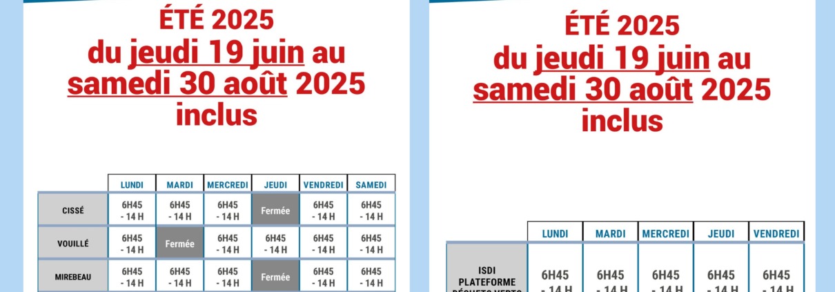 Affiche des horaires d’été 2025 pour les déchèteries et la plateforme déchets verts de la Communauté de communes du Haut-Poitou, valables du jeudi 19 juin au samedi 30 août 2025 inclus. Deux tableaux indiquent les horaires.