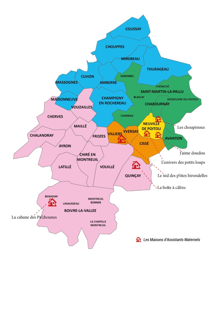 Carte du Haut-Poitou montrant les communes et l’implantation des Maisons d’Assistants Maternels, identifiées par des triangles rouges et des noms comme La Cabane des Pitchounes ou Le Nid des Petites Hirondelles. Les communes sont regroupées par couleur selon leur zone géographique.