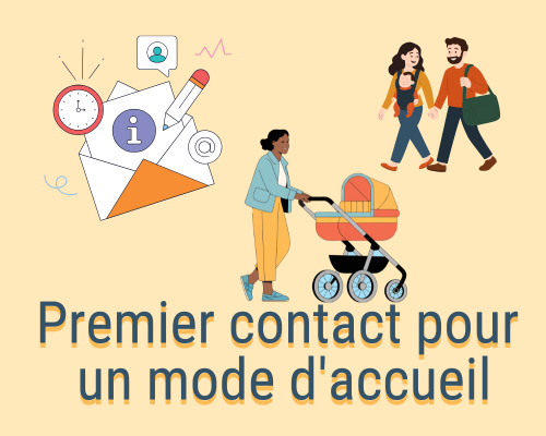 Image illustrant le premier contact avec une illustration d'émail. Et 2 autres illustrations d'un couple futur parent et d'une maman avec un landau.