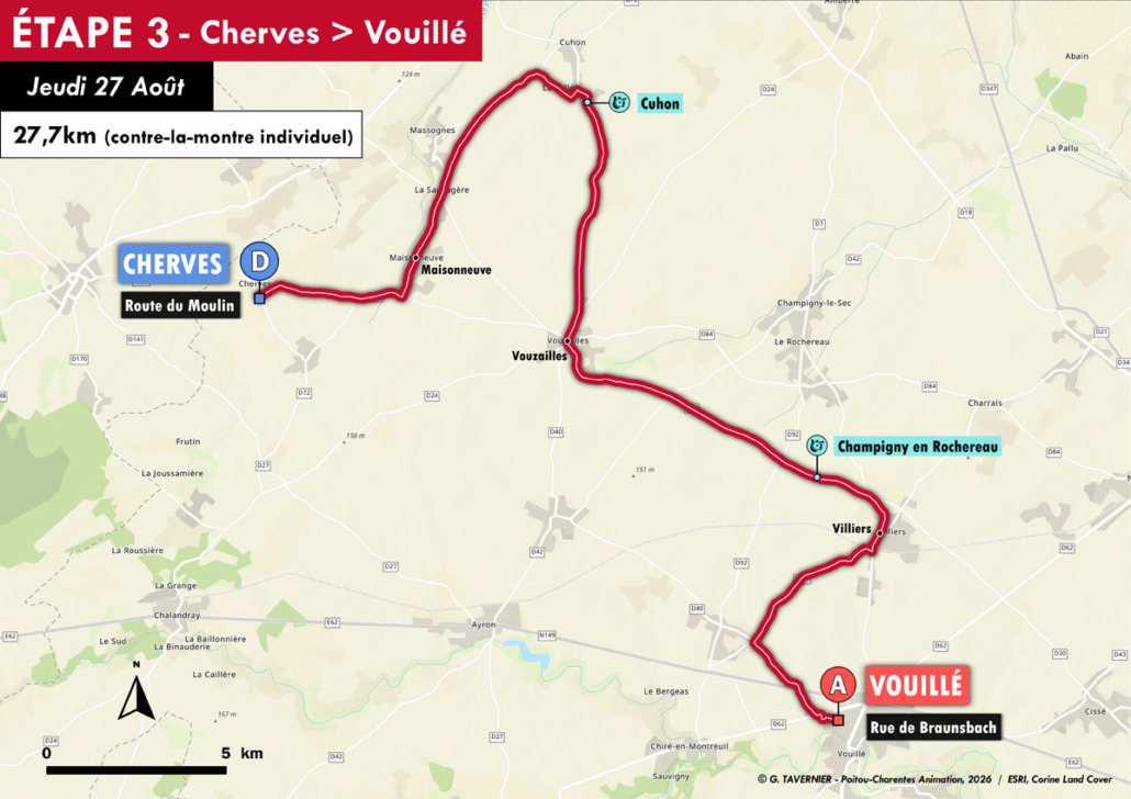Tour Poitou Charentes : Carte du contre-la-montre individuel de 27,7 km reliant Cherves à Vouillé. Le parcours traversera notamment les communes de Cherves, Maisonneuve, Cuhon, Vouzailles, Champigny en Rochereau et Villiers avant une arrivée à Vouillé.