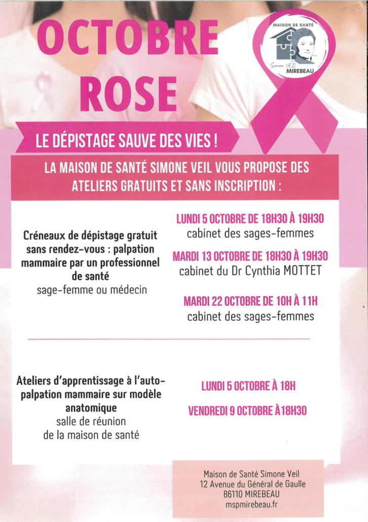 Affiche octobre rose Maison médicale à Mirebeau. Des ateliers gratuites et sans inscriptions