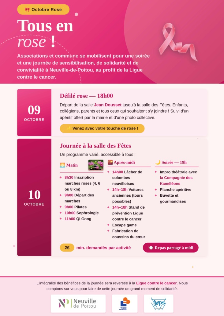 Affiche Octobre Rose - Neuville-de-Poitou. 1 défile le 9/10/2026. Journée à la salle des Fêtes Un programme varié, accessible à tous le 10 octobre 2026