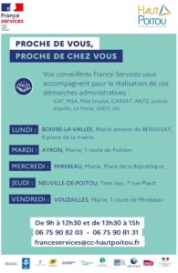 Affiche des lieux de permanences France Services en Haut-Poitou, du lundi au vendredi, avec accompagnement aux démarches administratives et coordonnées de contact.
