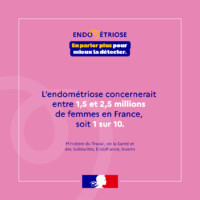 Affiche de sensibilisation à l’endométriose indiquant qu’entre 1,5 et 2,5 millions de femmes sont concernées en France, soit 1 sur 10. Message : « En parler plus pour mieux la détecter ». Logos du ministère de la Santé, EndoFrance, Inserm.