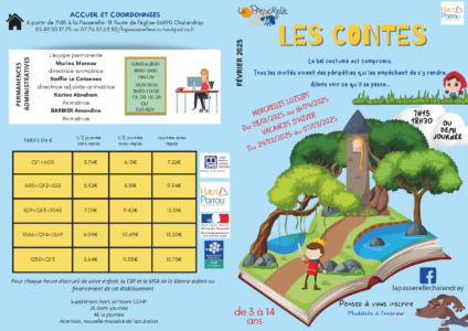 Affiche Les Contes à Chalandray, accueil de loisirs février 2025 pour enfants de 3 à 14 ans, mercredis et vacances d’hiver, horaires 7h15, 18h30 ou demi-journée, tarifs et informations d’inscription