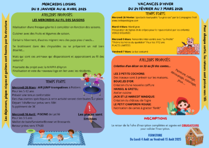 Programme accueil de loisirs avril et vacances de février-mars 2025, activités enfants, sorties, ateliers créatifs, sport, nature et inscriptions