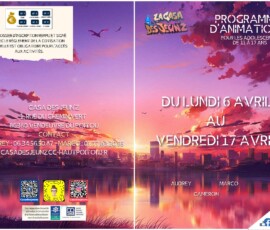 Couverture du programme des vacances d'avril 2026 pour la Casa des jeun'z. Pour plus d'informations contactez l'équipe par téléphone Audrey : 06 34 56 50 87 ou Marco : 07 77 83 20 95 et /ou par mail casadesjeunz@cc-hautpoitou.fr