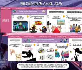 Programme des activités en images des vacances d'avril 2026. Pour plus d'informations contactez l'équipe par téléphone Audrey : 06 34 56 50 87 ou Marco : 07 77 83 20 95 et /ou par mail casadesjeunz@cc-hautpoitou.fr