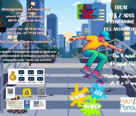 Couverture du programme des vacances d'avril 2026 pour le local des z'ados reprenant toues les infos de contacts. Vous pouvez contacter par téléphone Valérie : 06 19 93 00 95 ou Marco : 07 77 83 20 95 et/ou par mail localdeszados@cc-hautpoitou.fr