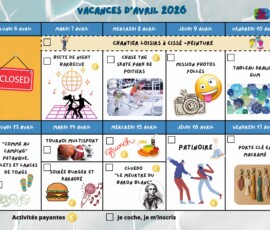 Programme en images des vacances d'avril 2026 pour le local des z'ados. Vous souhaitez avoir le détail contactez par téléphone Valérie : 06 19 93 00 95 ou Marco : 07 77 83 20 95 et/ou par mail localdeszados@cc-hautpoitou.fr